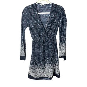 Charlotte Russe Womens Sz XS Blue & White Faux Wrap Dress V Neck Geometric